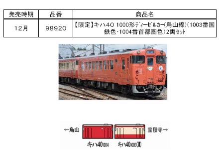 トミックス 98920 <限定>キハ40 1000(1003番国鉄復刻色・1004番 首都圏