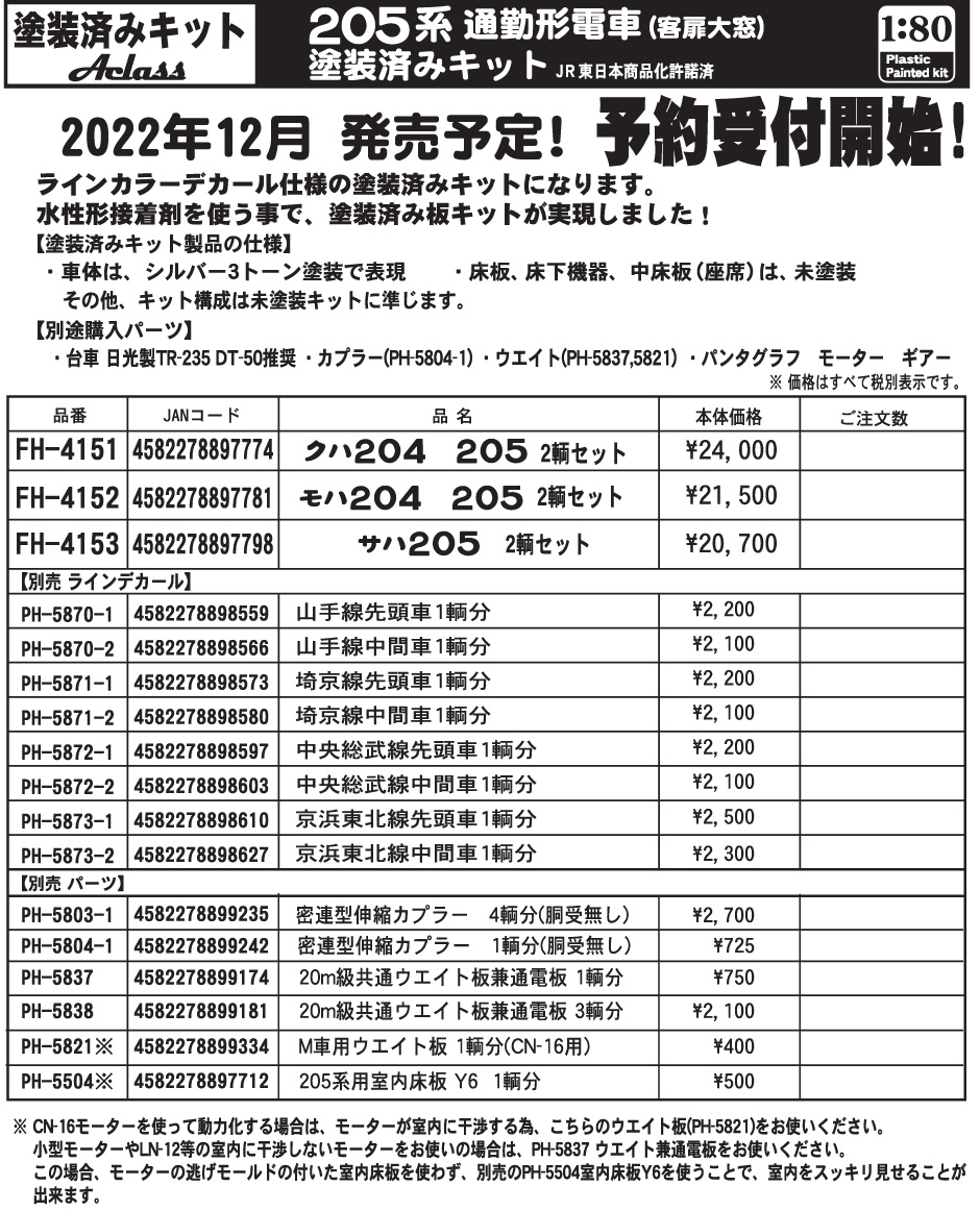 アクラス PH-5872-2 205系通勤形電車 塗装済みキット用ラインデカール 中央総武線中間車1両分 HOゲージ | 鉄道模型 通販  ホビーショップタムタム