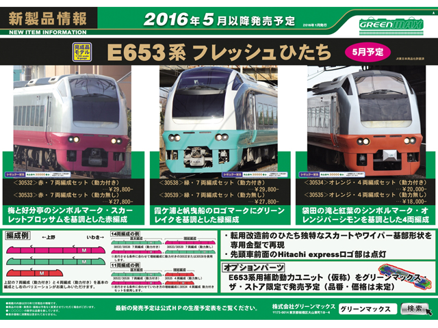 新品未使用E653系(フレッシュひたち・緑)７両編成セット(動力付き)