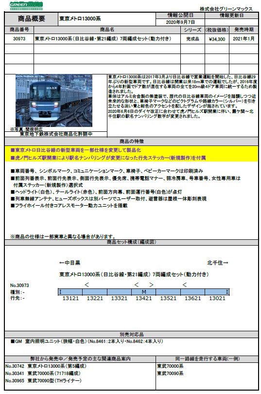 グリーンマックス 30973 東京メトロ13000系 日比谷線・第21編成 7両 ...