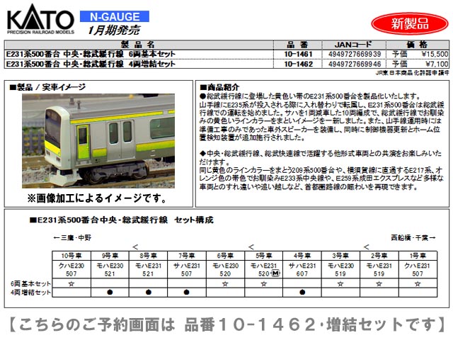 KATO 10-1462 E231系500番台 中央・総武緩行線 4両増結セット 鉄道模型