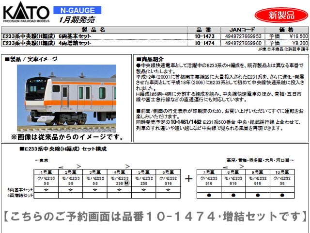 KATO 10-1474 E233系中央線 H編成 4両増結セット 鉄道模型 Nゲージ 